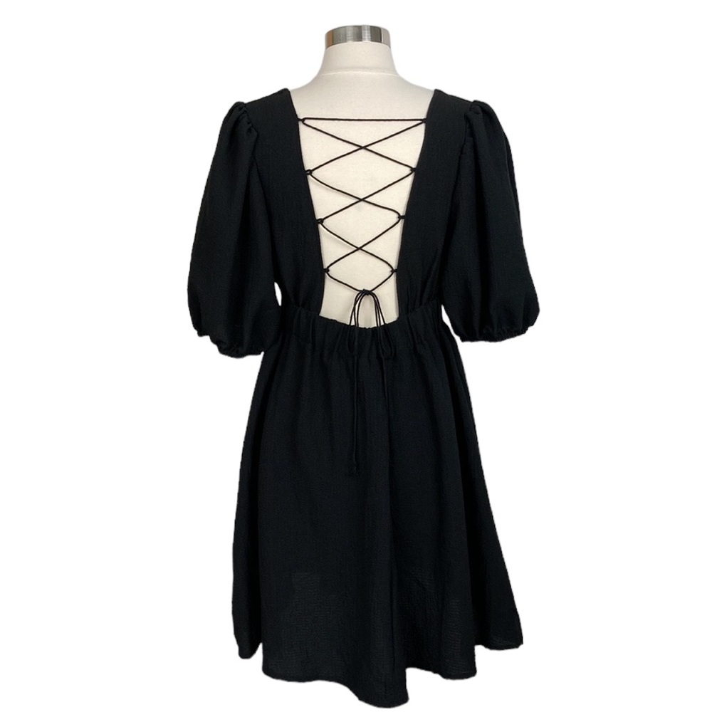 Shein Curve Black Puff Sleeve Lace Up Back Dress